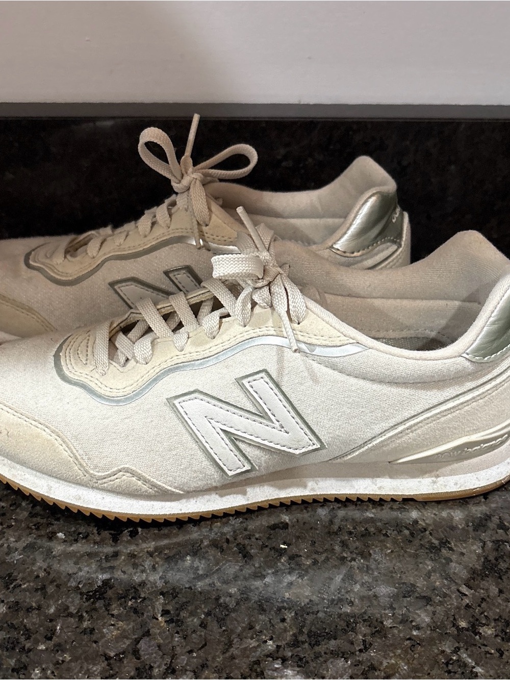 New Balance Light Beige Suede Sneakers with Silver Heel